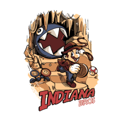 Mashup vectorial de Super Mario caracterizado como Indiana Jones con látigo y sombrero en una cueva del tesoro.
